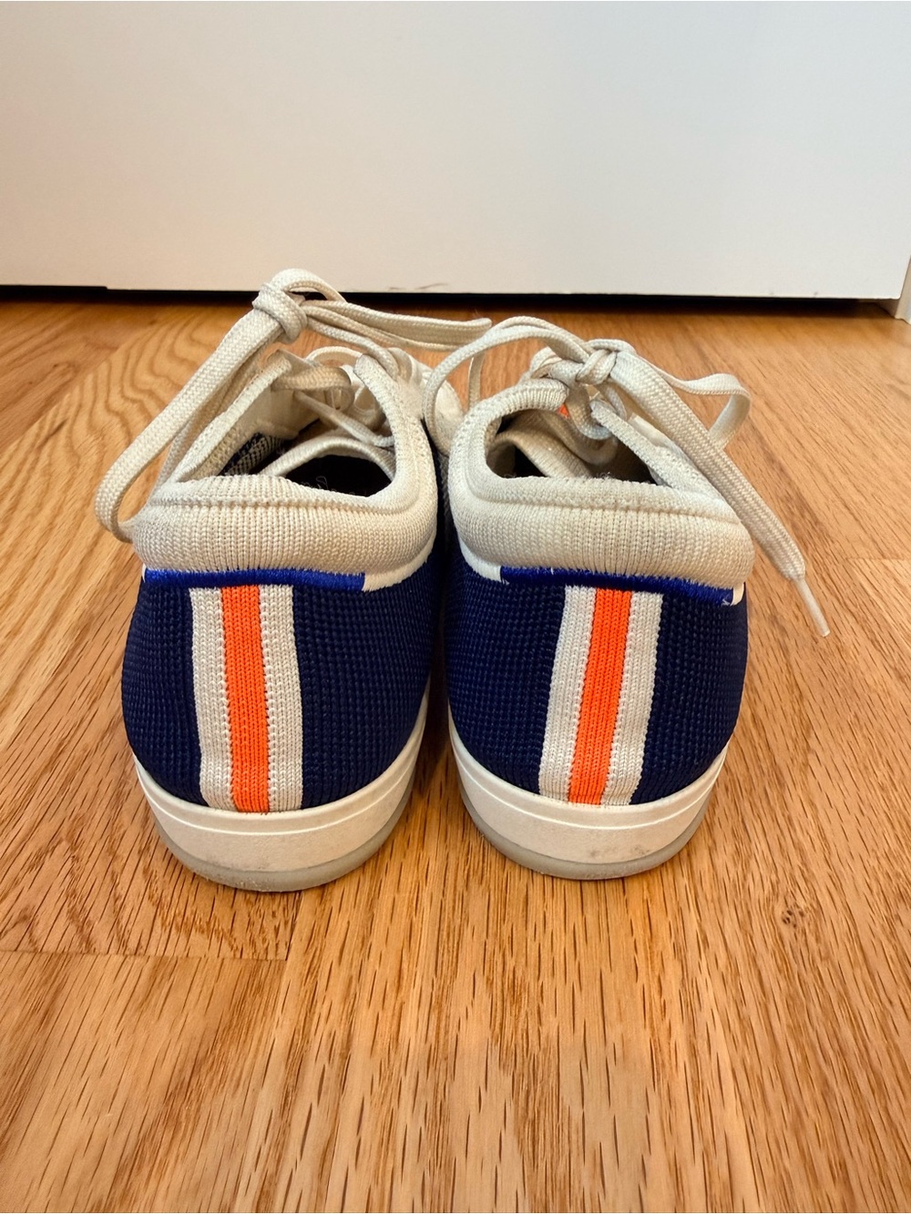 Rothy's Lace up Knit Sneakers with Navy Heel and Coral Lace Tab - Picture 7 of 9